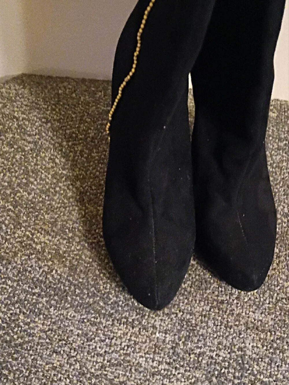 Bebe Black Knee-High Stiletto Boots with Gold Chain Detail Size 10